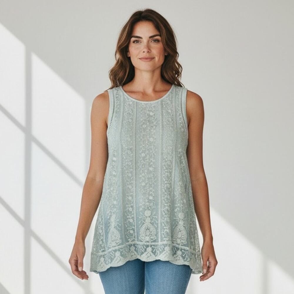 Sundance Tank Top Womens L Green Embroidered Floral Sheer Lace Lined Wide Strap
